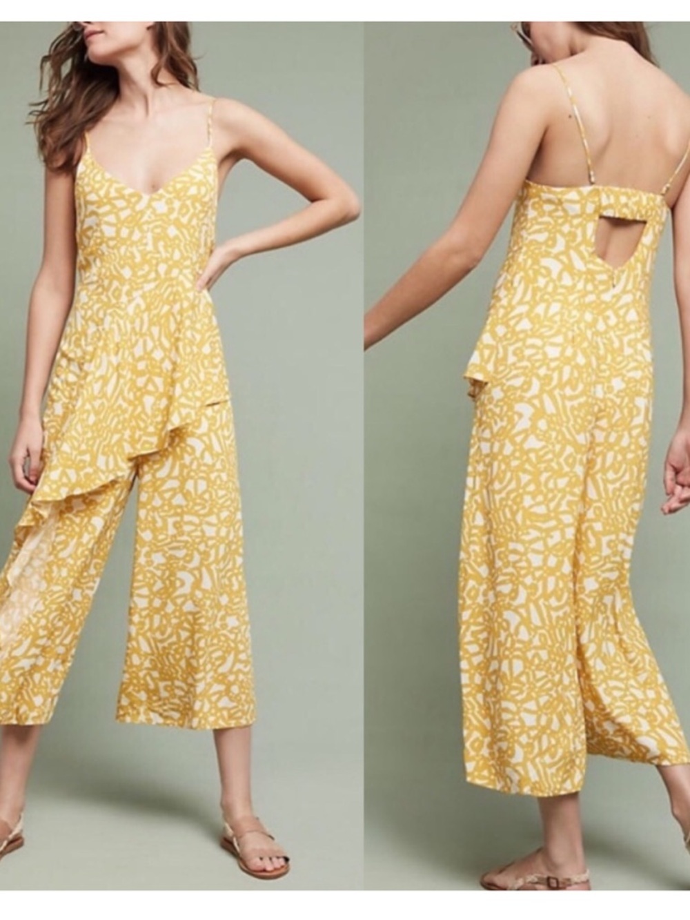 Anthropologie Maeve Daytrip Yellow Printed Spaghetti-Strap Wide-Leg Jumpsuit 6P